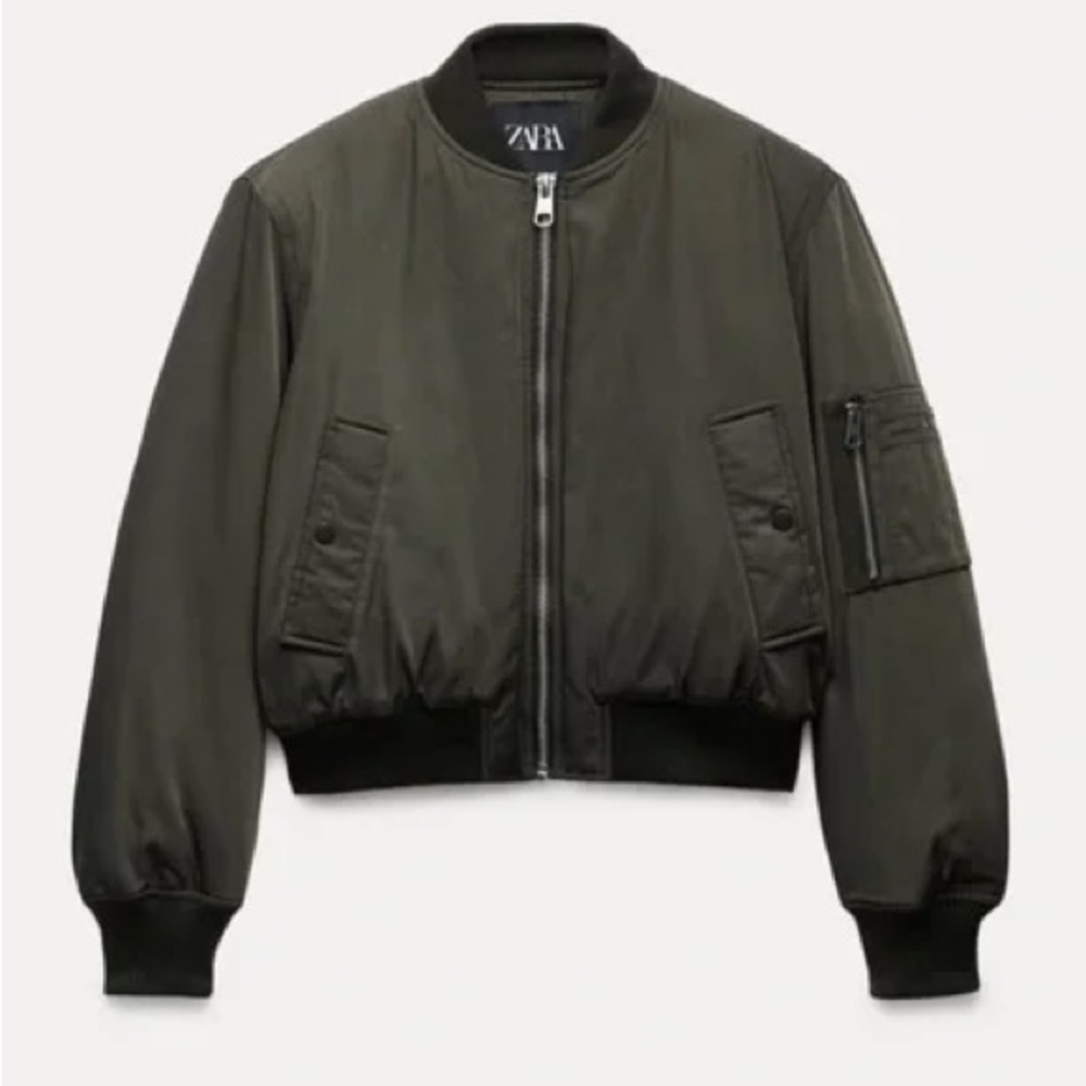 Zara Cropped Olive Bomber Jacket Sz Large